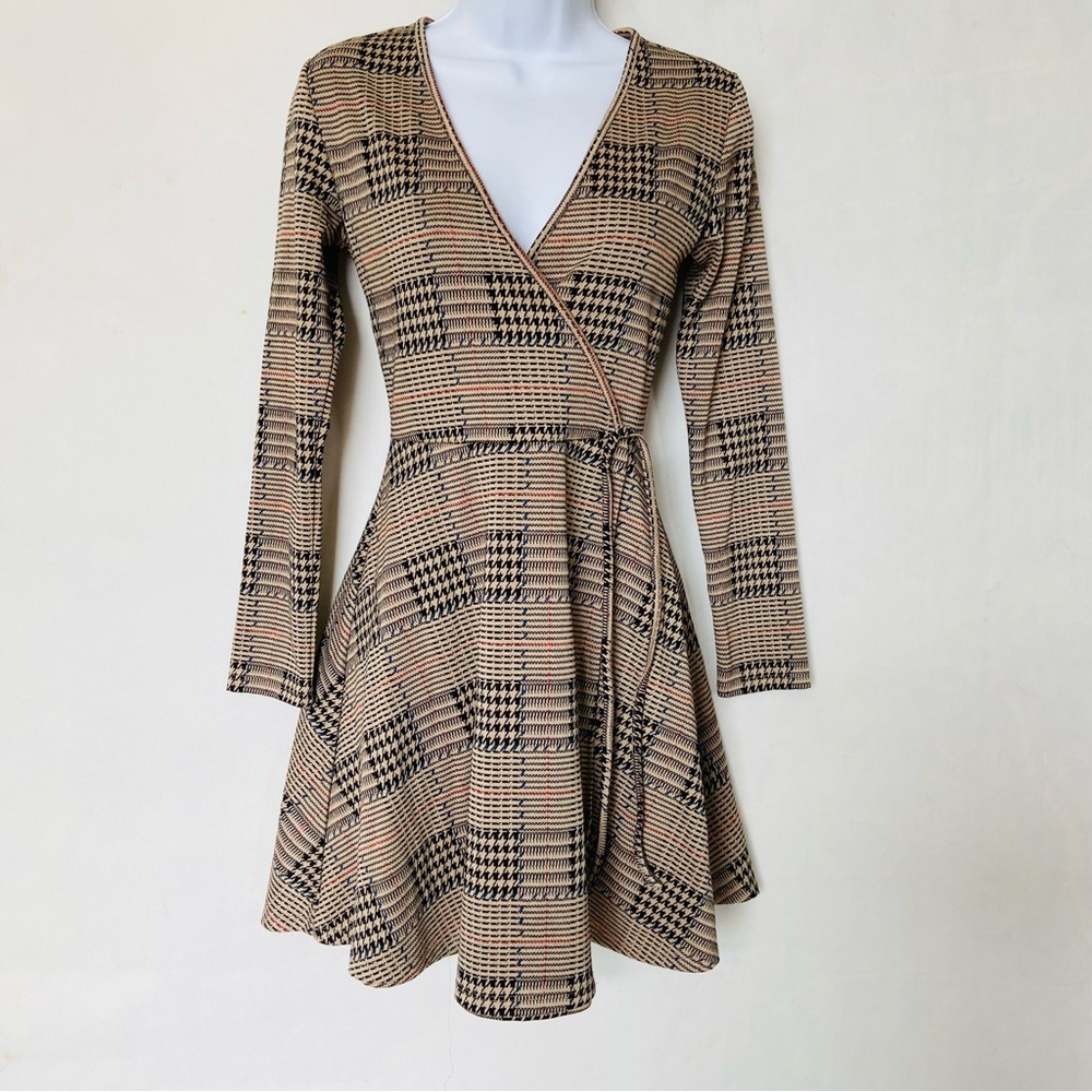 Plaid Knit Wrap Dress with Tie Waist (Size S)